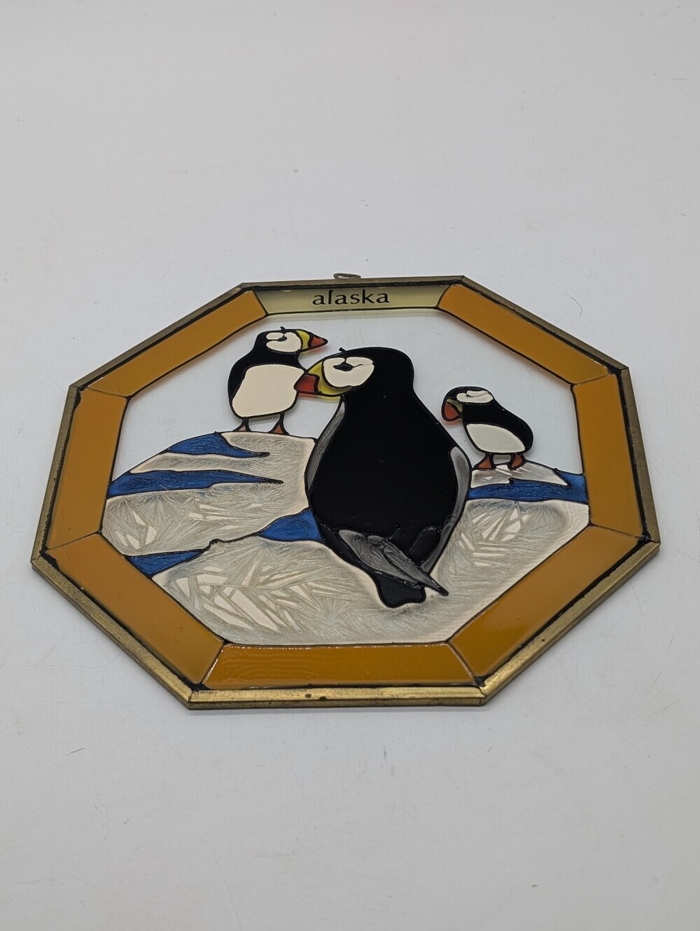 Vintage Alaska Stained Glass Suncatcher Octagon 8" - Puffin Bird Art Glass Windo